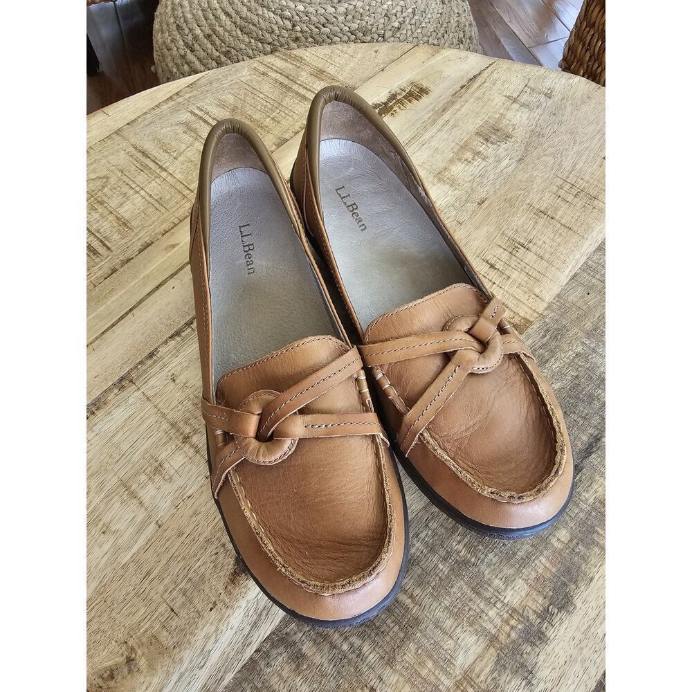 LL Bean Women's Tan Leather Slip On Loafer Wedge Shoes Size 8